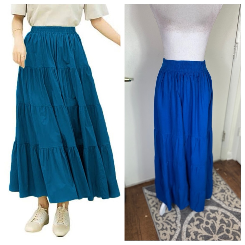 Beauty Batik women Teal Blue bohemian gypsy tiered pull on midi Skirt Sz Lg